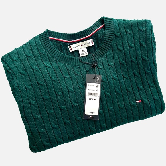 NWT Tommy Hilfiger Cable Knit Sweater Cypress Green 100% Cotton XS-S - Picture 6 of 8